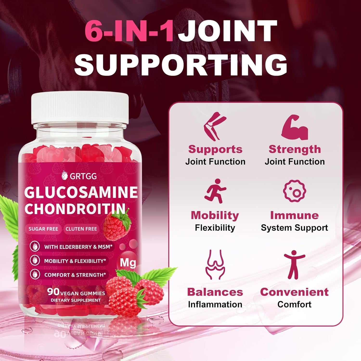 Glucosamine Chondroitin Gummies with MSM & Elderberry Extra Strength 3000MG - Joint Support, Antioxidant Immune Support Supplement for Adults, Men & Women - 90 Raspberry Gummies