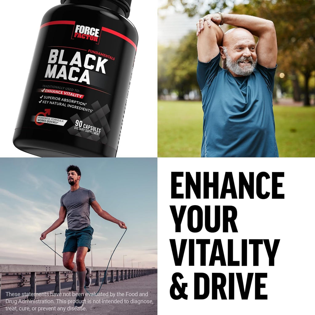 Force Factor Black Maca Root Supplement for Men, 1000Mg Maca Negra Extract for Energy, Hormonal Balance & Vitality, Superior Absorption with Bioperine, 90 Capsules
