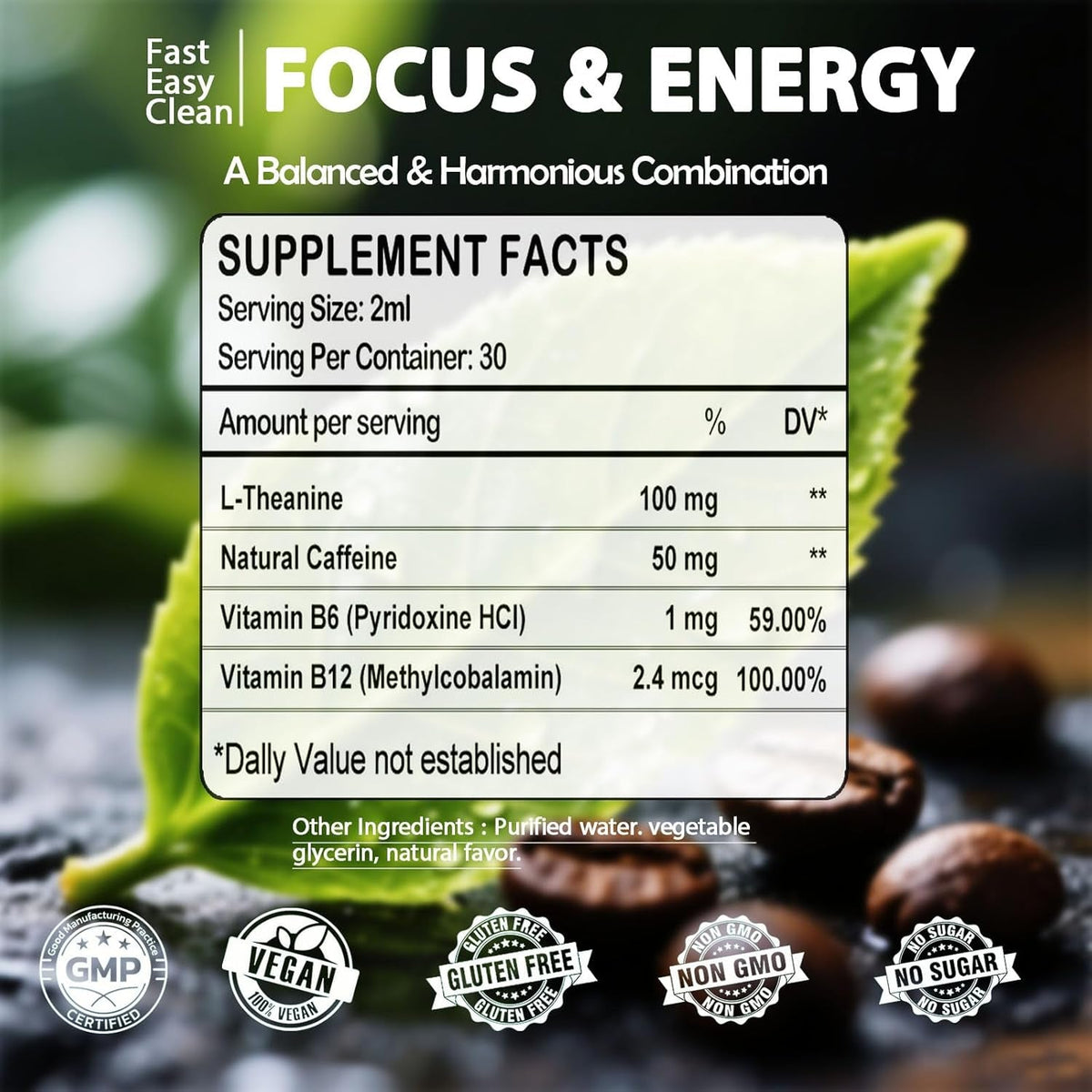 L-Theanine Supplement with Caffeine, Organic Liquid Caffeine 50Mg W. L-Theanine 100Mg, Vitamin B12 B6 for Focused Energy, Alertness & Recess Mood, Nootropic Brain Drops for Women & Men丨30 Days Supply