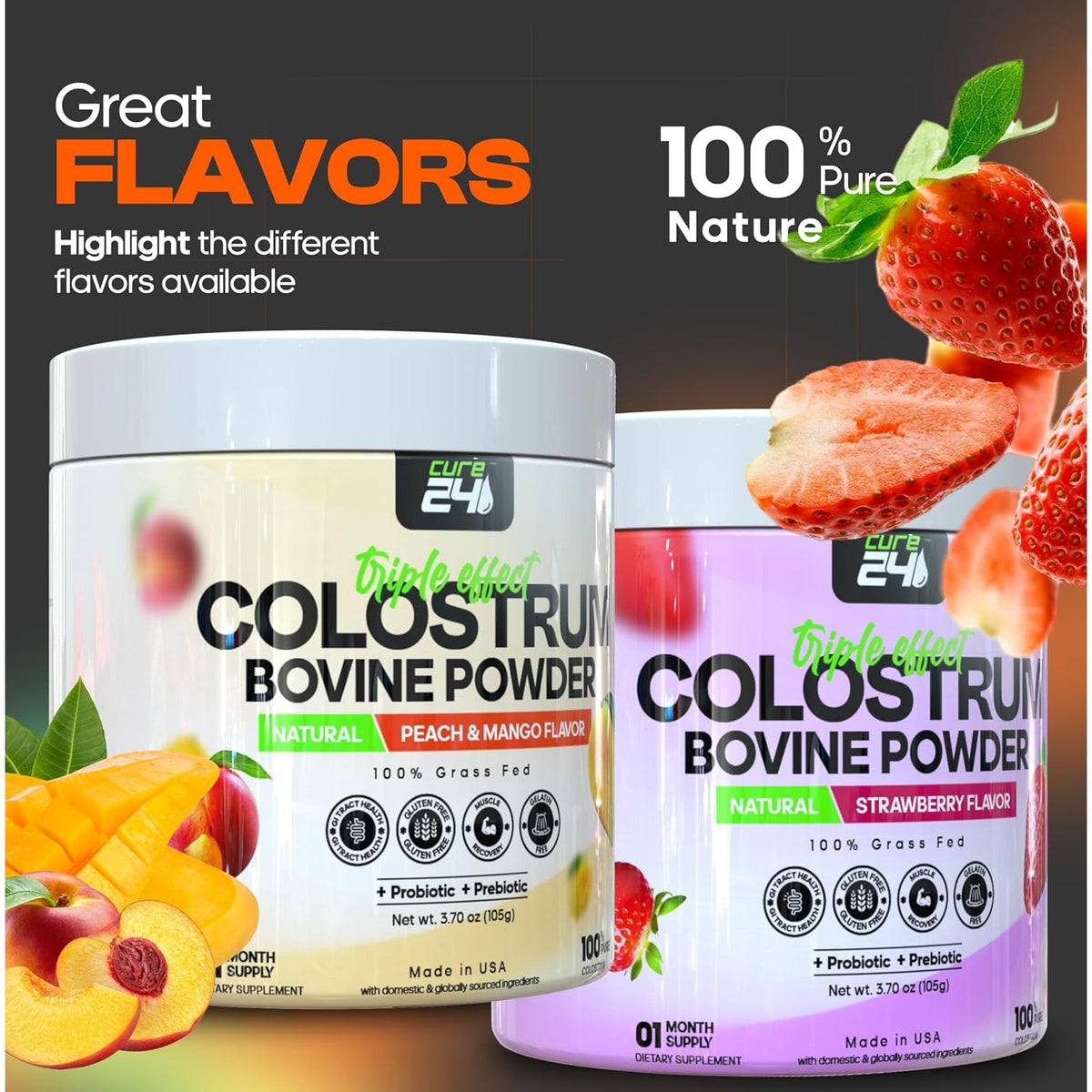 Bovine Colostrum X3 Supplement Powder for Humans, 100% Pure Whole Natural Grass Fed Superfood, High Igg, plus Probiotic & Prebiotic, Unflavored, Made in USA