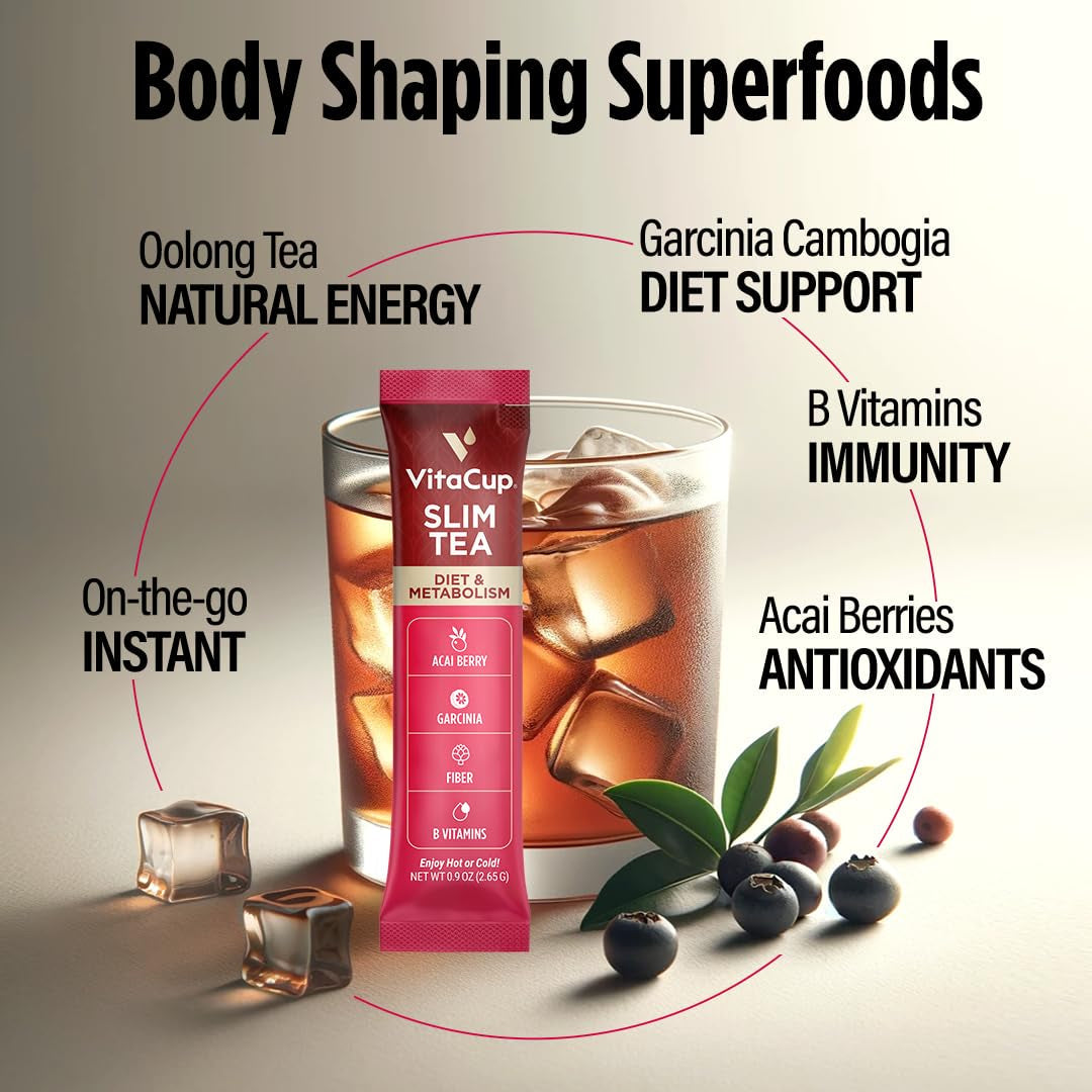 Vitacup Slim Instant Tea Packets for Diet Support, Oolong Tea W/B Vitamins, Garcinia, Inulin & Acai, On-The-Go Instant Sticks, 24 Ct