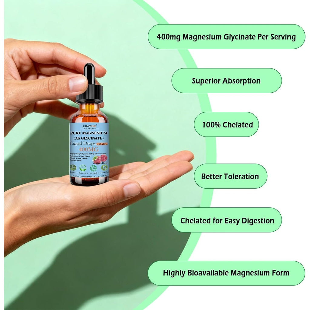 Pure Magnesium Glycinate 400Mg Liquid Drops, High Absorption Chelated Calm Magnesium with Zinc for Sleep Relaxation Muscle Bone Nerve & Brain Health, Non GMO, Vegan for Women Men & Kids