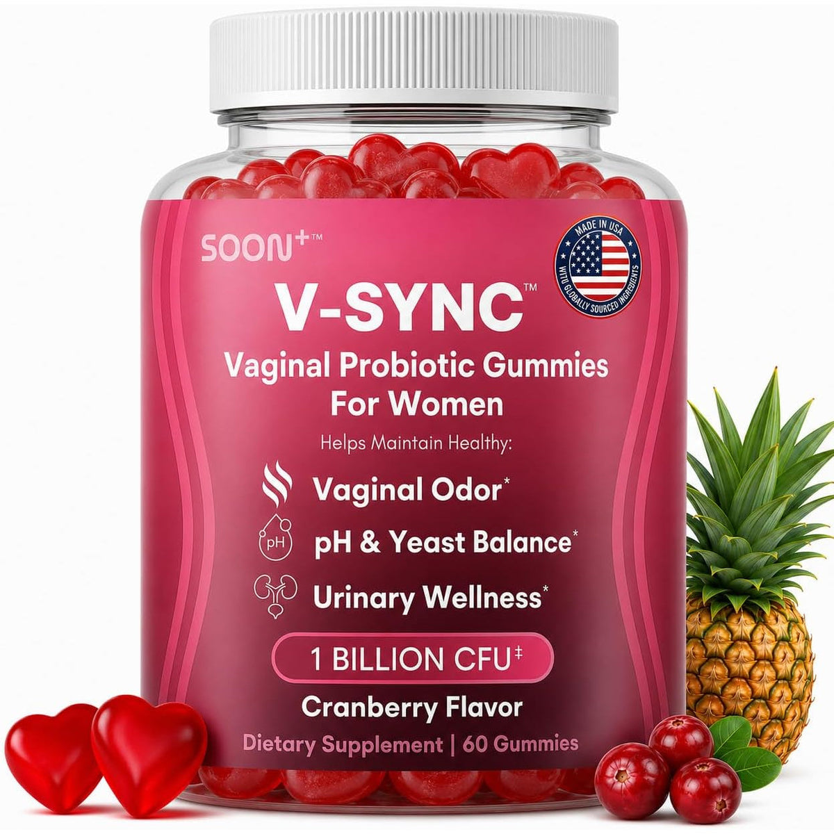 SOON+ Feminine Balance Gummies for Women, V-Sync Pineapple Probiotics for Ph Balance Support * Vaginal, Urinary, Immune, Digestive Wellness * with Bacillus Coagulans, Cranberry, Vitamin C, 60 Gummies