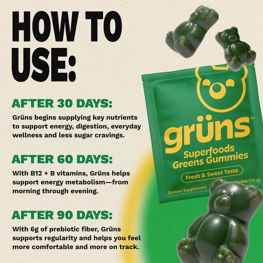 Gruns Adult Super Greens Multivitamin Gummies, Superfood Gummy Vitamins for Women and Men with Spirulina, Chlorella, Adaptogens & Prebiotic Fiber for Digestive Health (28 Count)