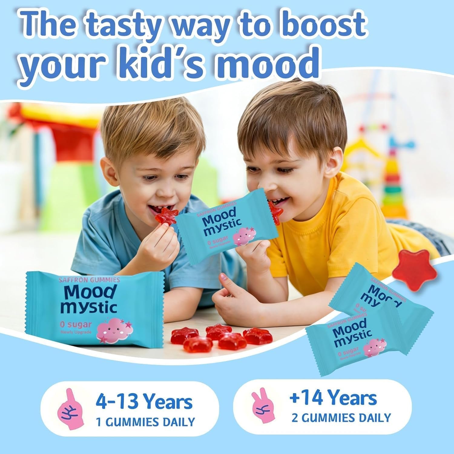 Saffron Gummies for Kids - Saffron Extract Supplements with GABA, Mood Munchies Calms Temper Tantrums, Supports Happy Mood & Cognition, Focus Calm Gummies for Kids 4+, Sugar Free Strawberry, 90 Counts