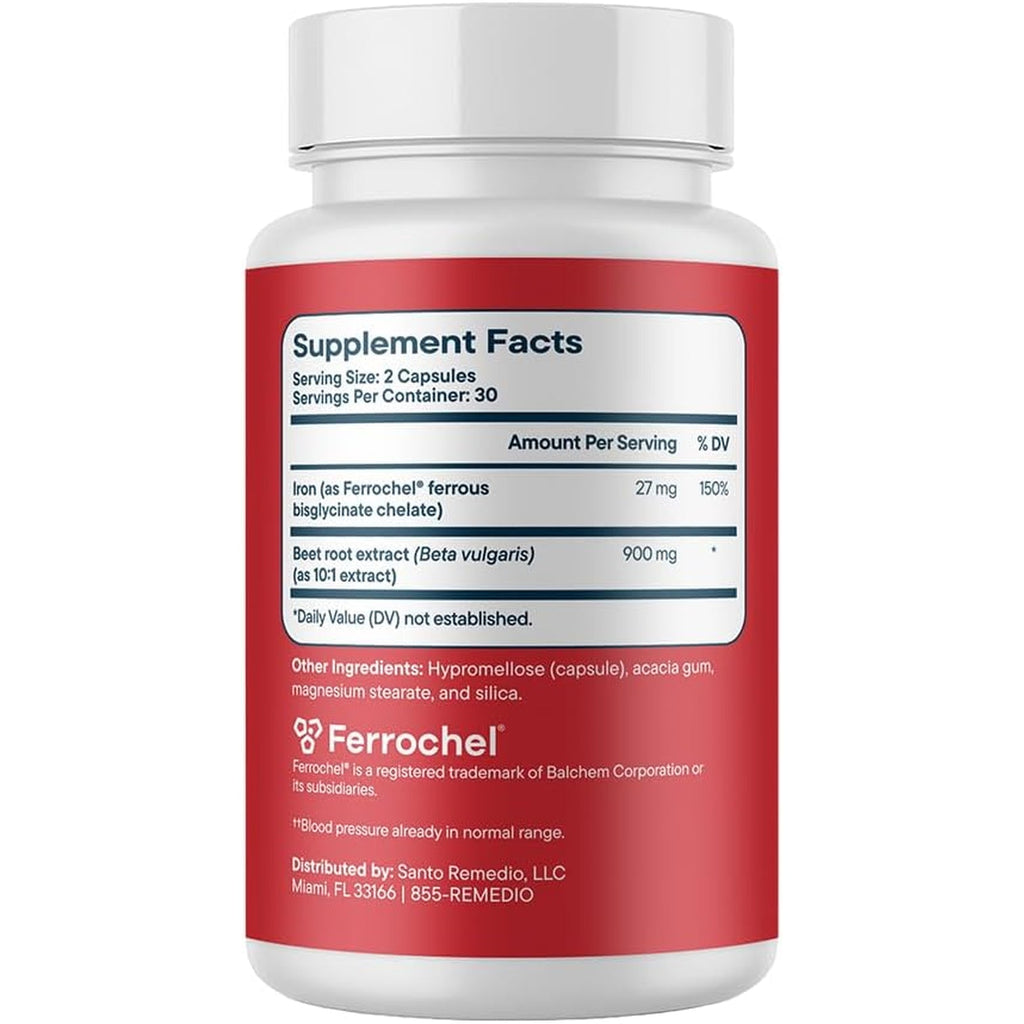 Santo Remedio Circulacion plus Capsules, Iron & Beetroot Extract Supplement for Blood Circulation & Cardiovascular Support, Supports Healthy Blood Pressure & Red Blood Cell Production, 60 Capsules