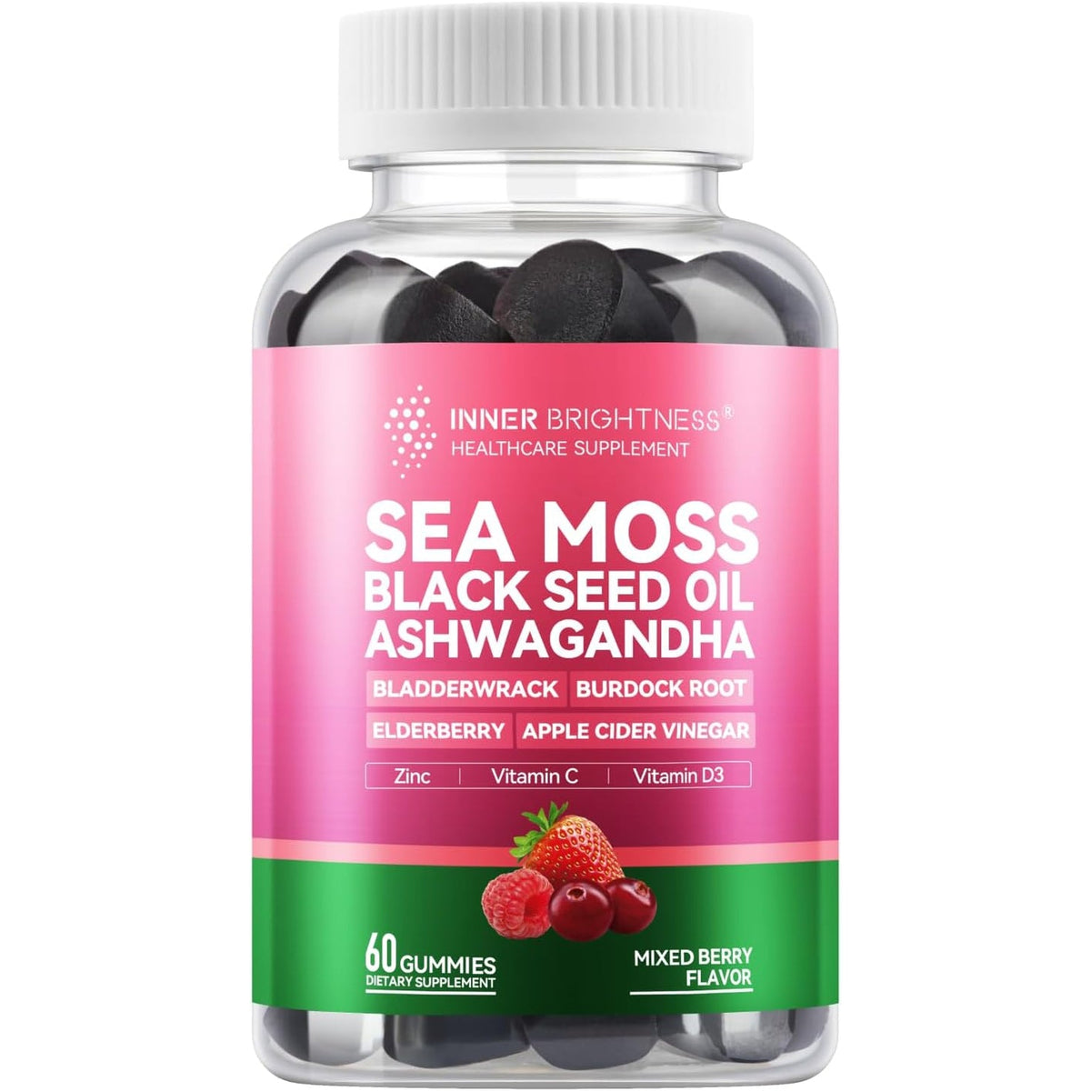 Inner Brightness Sea Moss 4000Mg Gummies with Ashwagandha, Elderberry, Apple Cider Vinegar, Bladderwrack, Burdock Root – Immune Support – Mixed Berry Flavor – 60 Count