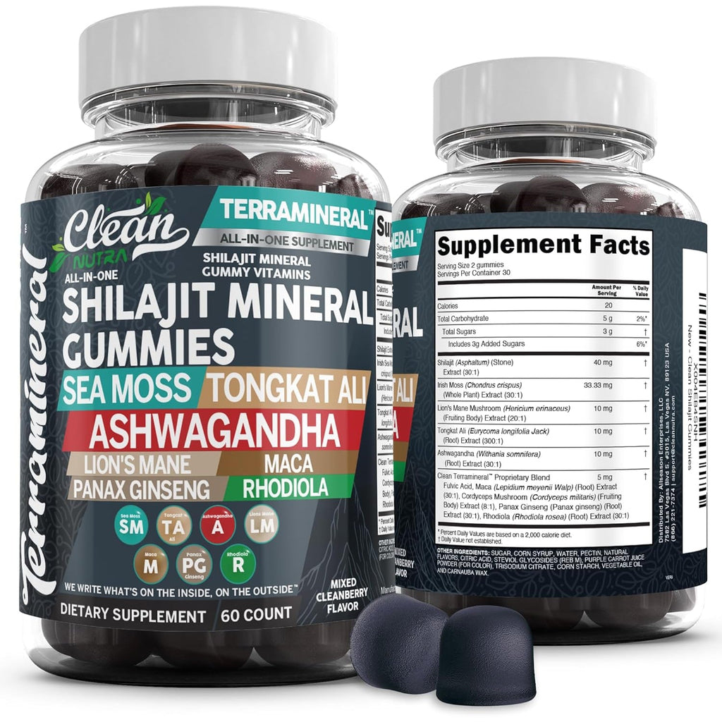 Terramineral Shilajit Gummies with Irish Sea Moss Tongkat Ali Ashwagandha Lion'S Mane MACA Panax Ginseng Rhodiola & Cordyceps by Clean Nutra (1)