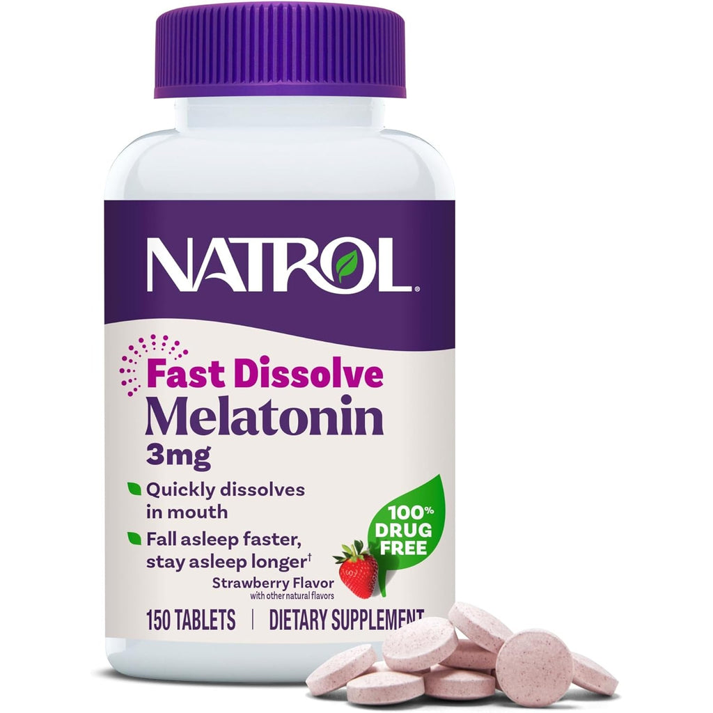 Natrol Fast Dissolve Melatonin 3 Mg, Melatonin Supplements for Restful Sleep, Sleep Support for Adults, 150 Strawberry-Flavored Tablets, up to a 150 Day Supply