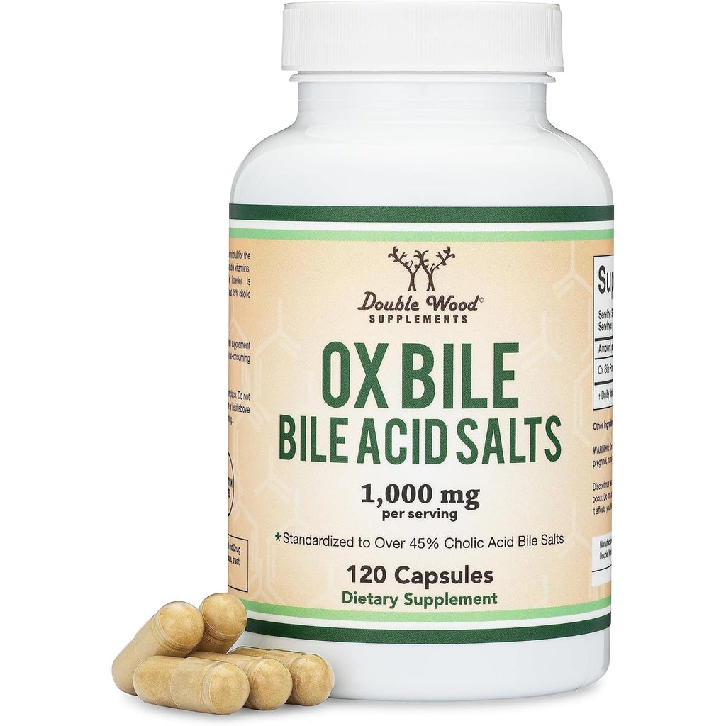 Ox Bile Supplement for No Gallbladder (1,000Mg per Serving, 500Mg per Capsule, 120 Capsules) Standardized to 45% Cholic Acid Bile Salts to Help Address Bile Salt Deficiencies by Double Wood