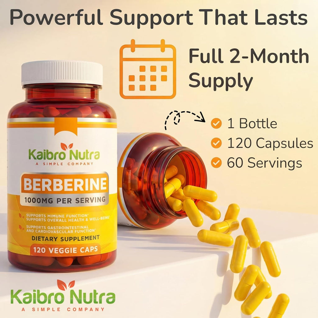 Kaibro Nutra Berberine HCL Supplement 1000Mg - for Immune System, Glucose Support, Circulatory & Gastrointestinal Health, Vegan & Gluten-Free (120 Capsules)