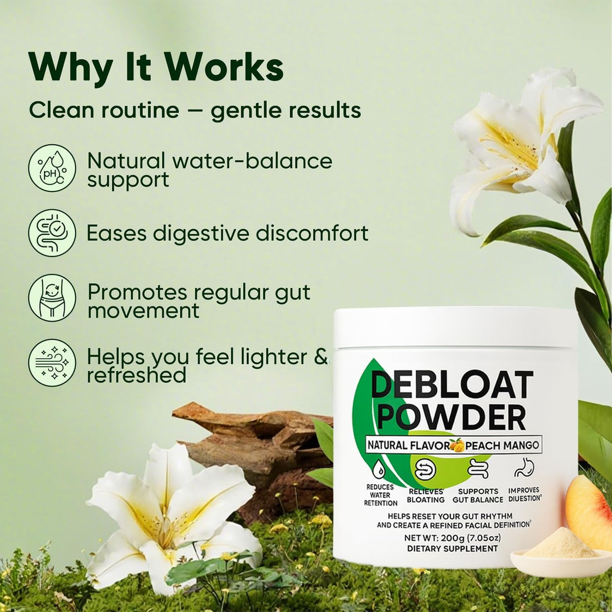 Debloat Powder, Daily Digestion & Debloating Support, Gut Balance & Water Retention Relief for Men & Women, Peach Mango Flavor, 200G / 7.05Oz