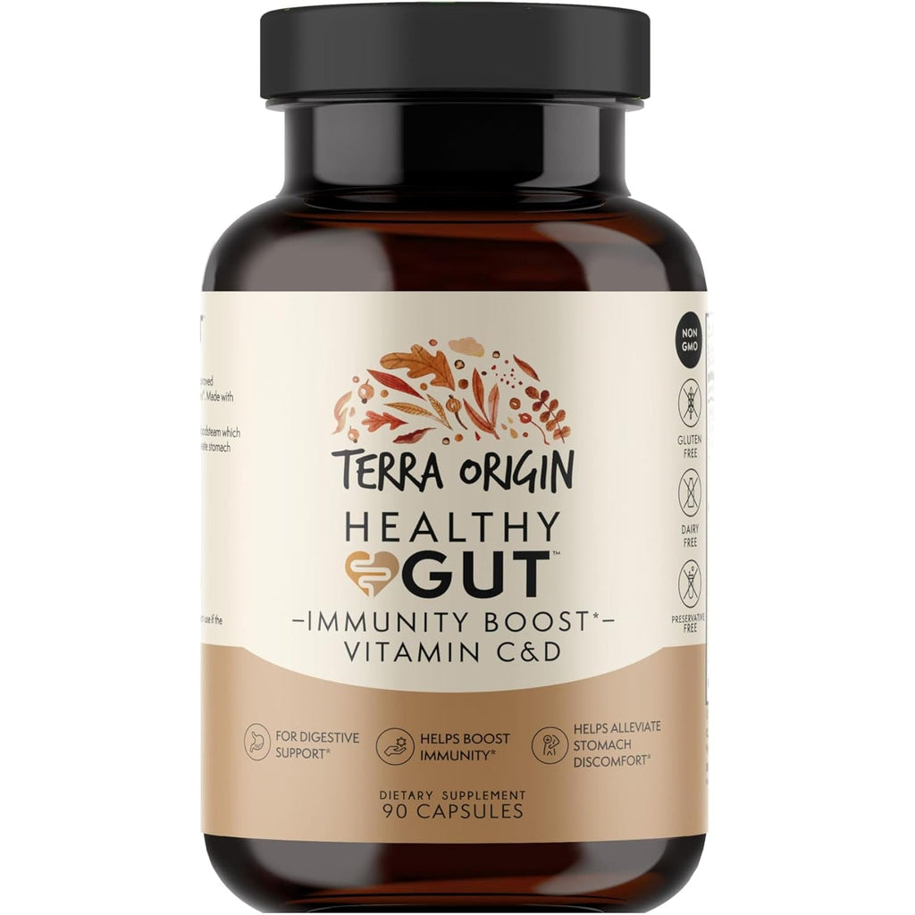 TERRA ORIGIN Healthy Gut Capsules with Immunity Boost | 90 Capsules | Non GMO, Gluten Free, Dairy Free | Digestive Support for Men and Women