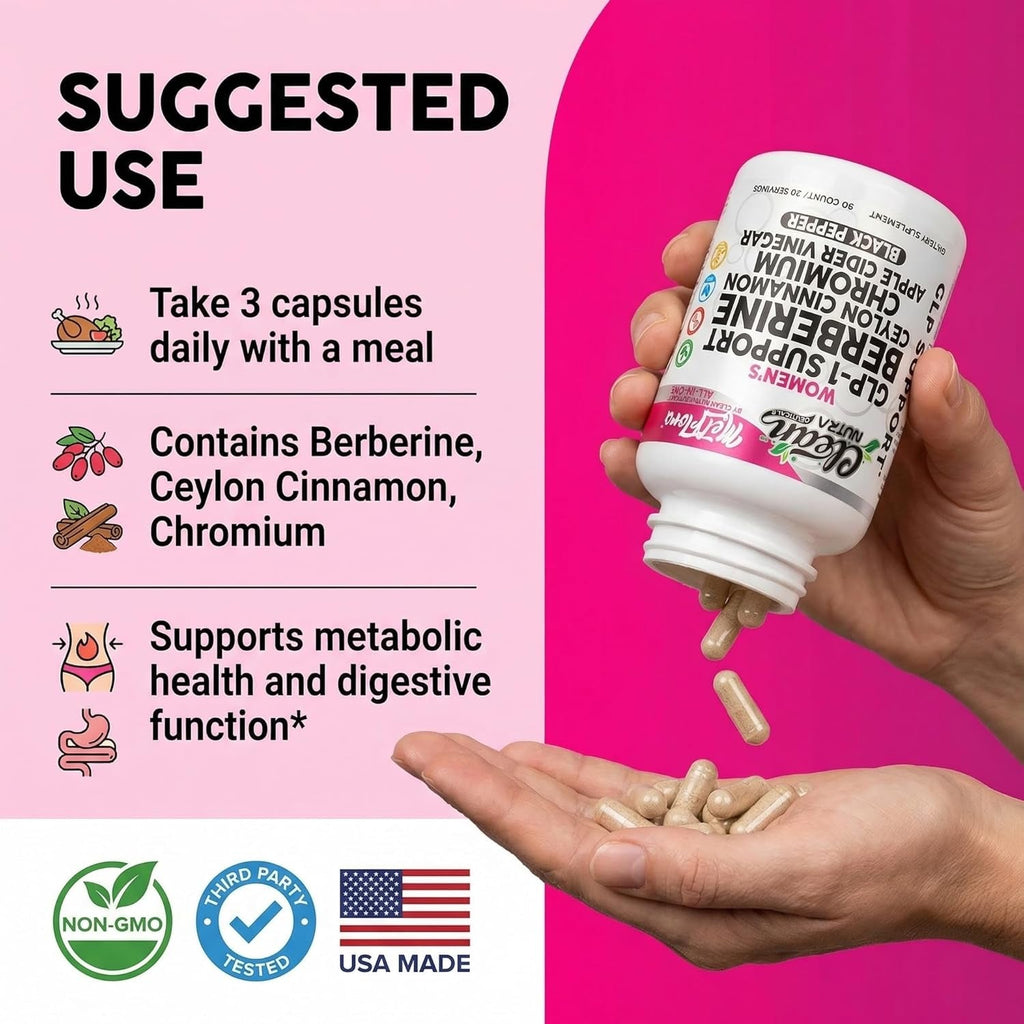 Berberine 1500Mg Supplement with Apple Cider Vinegar Capsules - Women'S GLP-1 Support with Ceylon Cinnamon, Chromium Picolinate & Black Pepper Extract - Metabolic Wellness - 90 Vegetarian Capsules