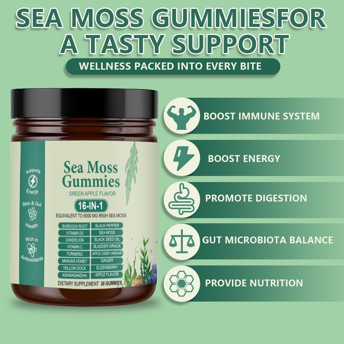 Sea Moss Gummies 16-In-1 with Black Seed Oil, Ashwagandha, 30 Servings, Irish Seamoss Gummies Boosts Immune Support, Wellness and Digestion