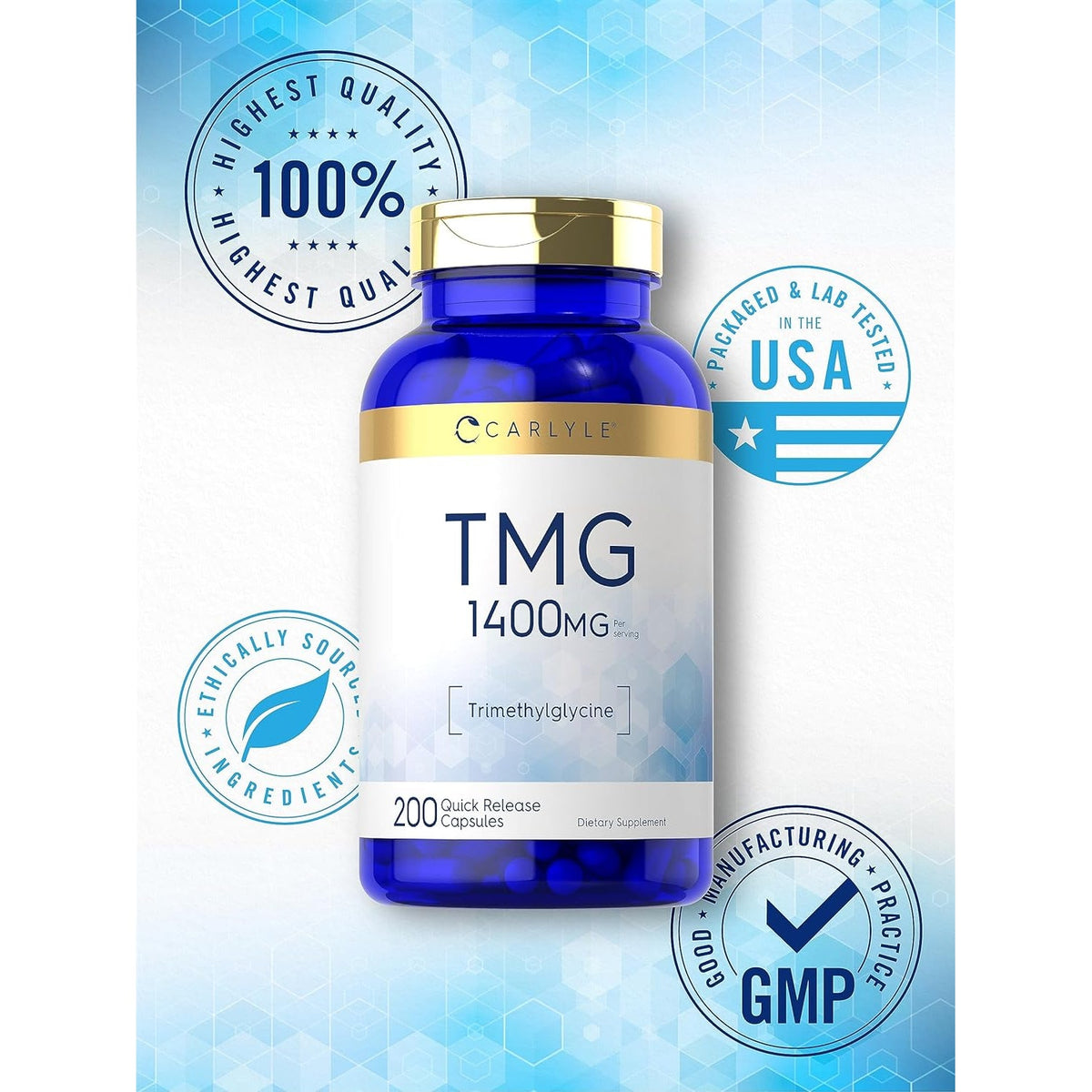 Carlyle TMG Supplement | 1400Mg | 200 Trimethylglycine Quick Release Capsules | Non-Gmo & Gluten Free