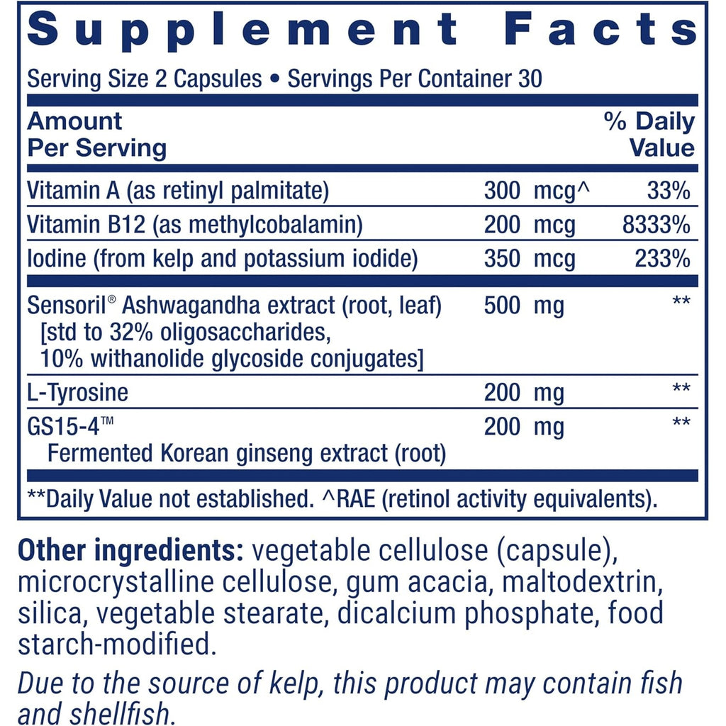 Life Extension Thyroid Support Complex - Thyroid Health Support Supplement with Vitamins A, B, Iodine, Magnesium, L-Tyrosine, Ashwagandha & Ginseng for Energy – Non-Gmo, Gluten-Free - 60 Capsules