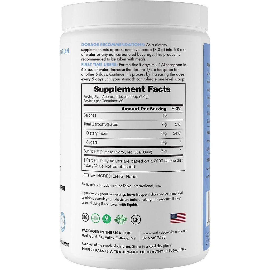 PERFECT PASS Prebiotic PHGG Partially Hydrolyzed Guar Gum 210G Powder - 100% Natural Gluten Free Non GMO - Certified Kosher Vegetarian Sugar Free