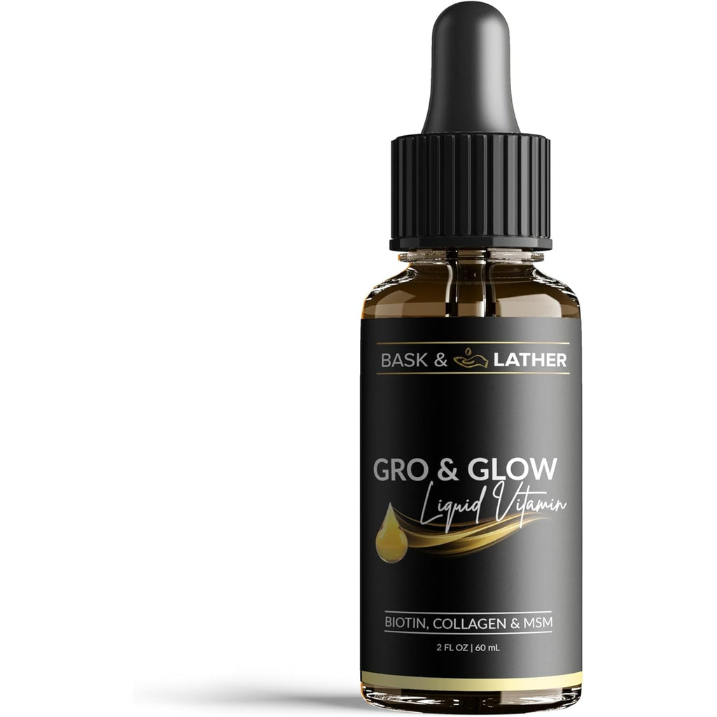 BASK & LATHER GRO & Glow Liquid Vitamin, Liquid Collagen for Women, Natural Ingredients with Collagen, Biotin, Msm, Beauty Supplement, Helps Support Healthy Hair, Skin & Nails, Cherry Flavor, 2 FL Oz