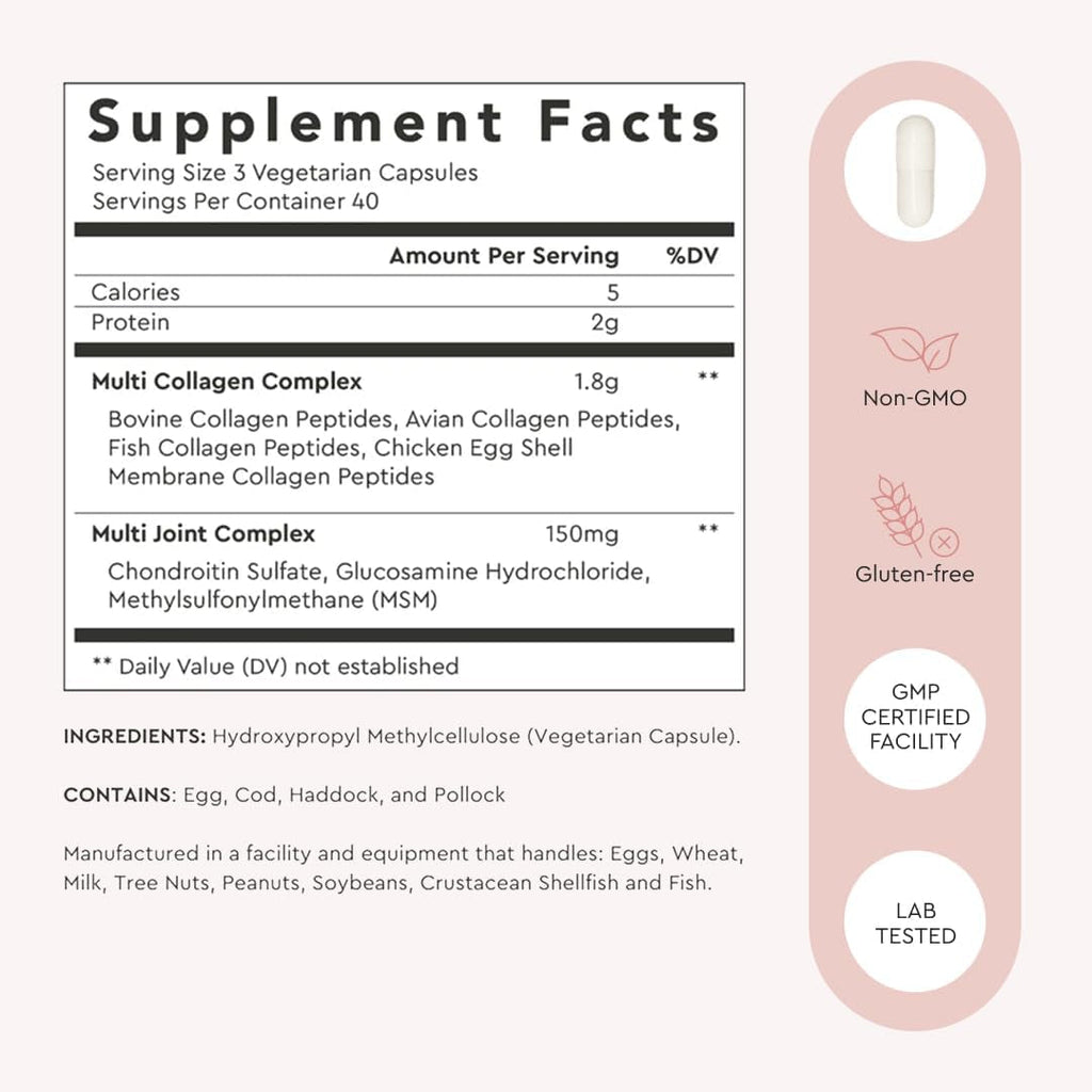 Alaya Naturals Hydrolyzed Multi Collagen Peptides Protein Capsules - Type I, II, III, V, X Grass-Fed Bovine, Chicken, Marine Collagen Supplement with MSM + GC (Capsules - 120 Count)
