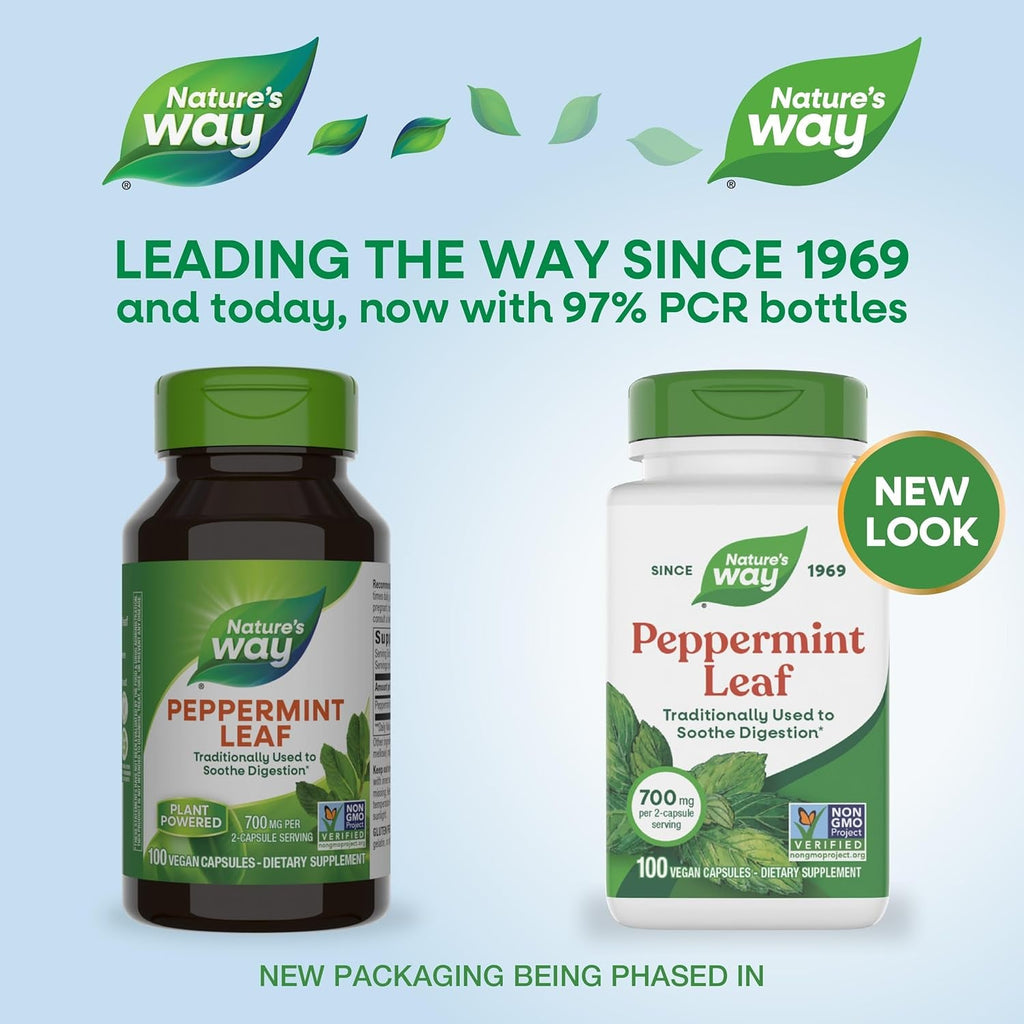 Nature'S Way Peppermint Leaf, Traditionally Used to Soothe Digestion*, 700 Mg per 2-Capsule Serving, Peppermint Supplement, Non-Gmo Project Verified, 100 Vegan Capsules (Packaging May Vary)