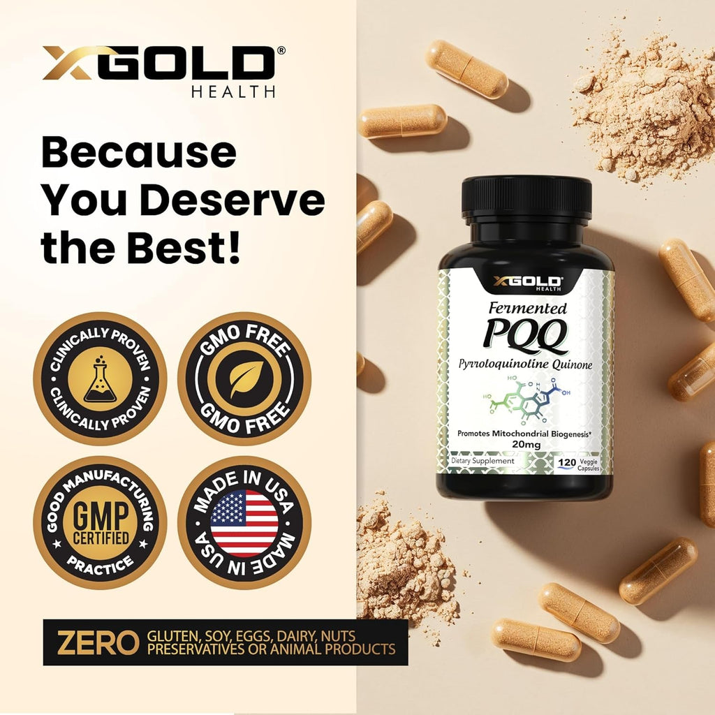 X Gold Health PQQ, Pyrroloquinoline Quinone, 20 Mg, 120 Capsules, Promotes the Growth of New Mitochondria, Gluten-Free, Non-Gmo, Vegetarian