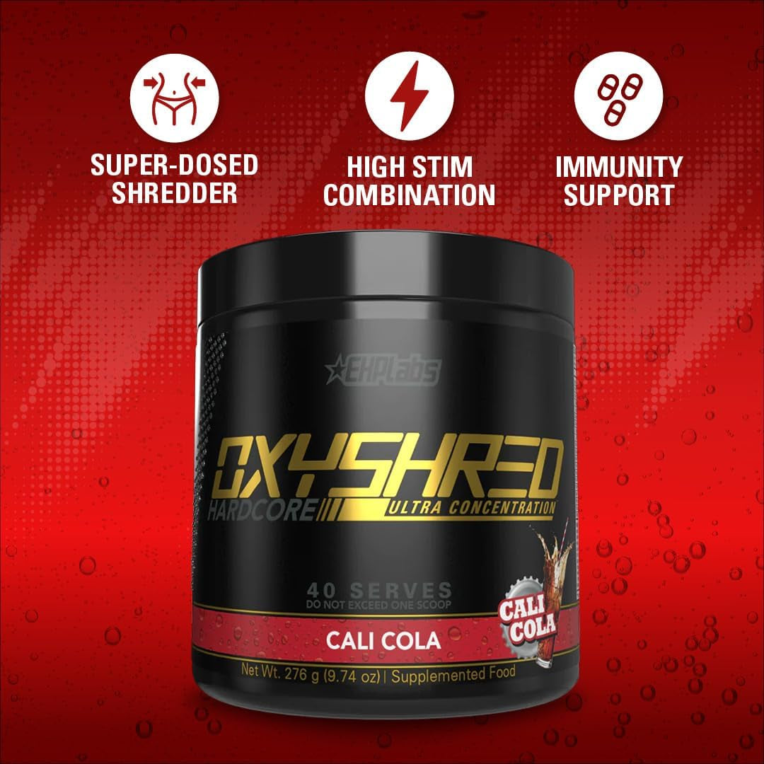 EHP Labs Oxyshred Hardcore Super Dosed Pre Workout Powder - Preworkout Powder with L Glutamine & Acetyl L Carnitine, Energy Boost Drink - 275Mg of Caffeine - Cali Cola, 40 Servings
