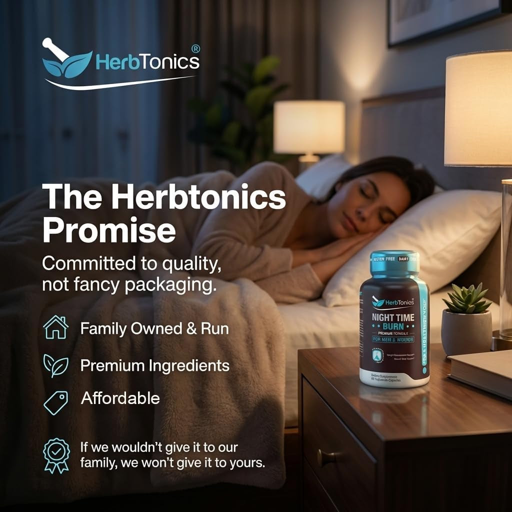 Herbtonics Night Time Burn & Sleep Complex Supports Overnight Metabolism, Stress Relief & Deep Sleep. Includes Melatonin, Valerian and Green Tea – Vegan Bedtime Weight Management (60 Capsules)