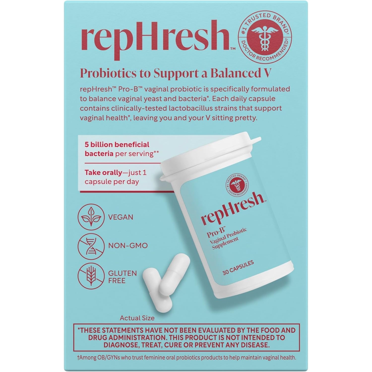 Rephresh Pro-B Vaginal Probiotic Supplement, Ph Balance, Probiotics for Women, Balances Yeast and Bacteria to Maintain Feminine Health, Daily Oral Capsules, 30 Count