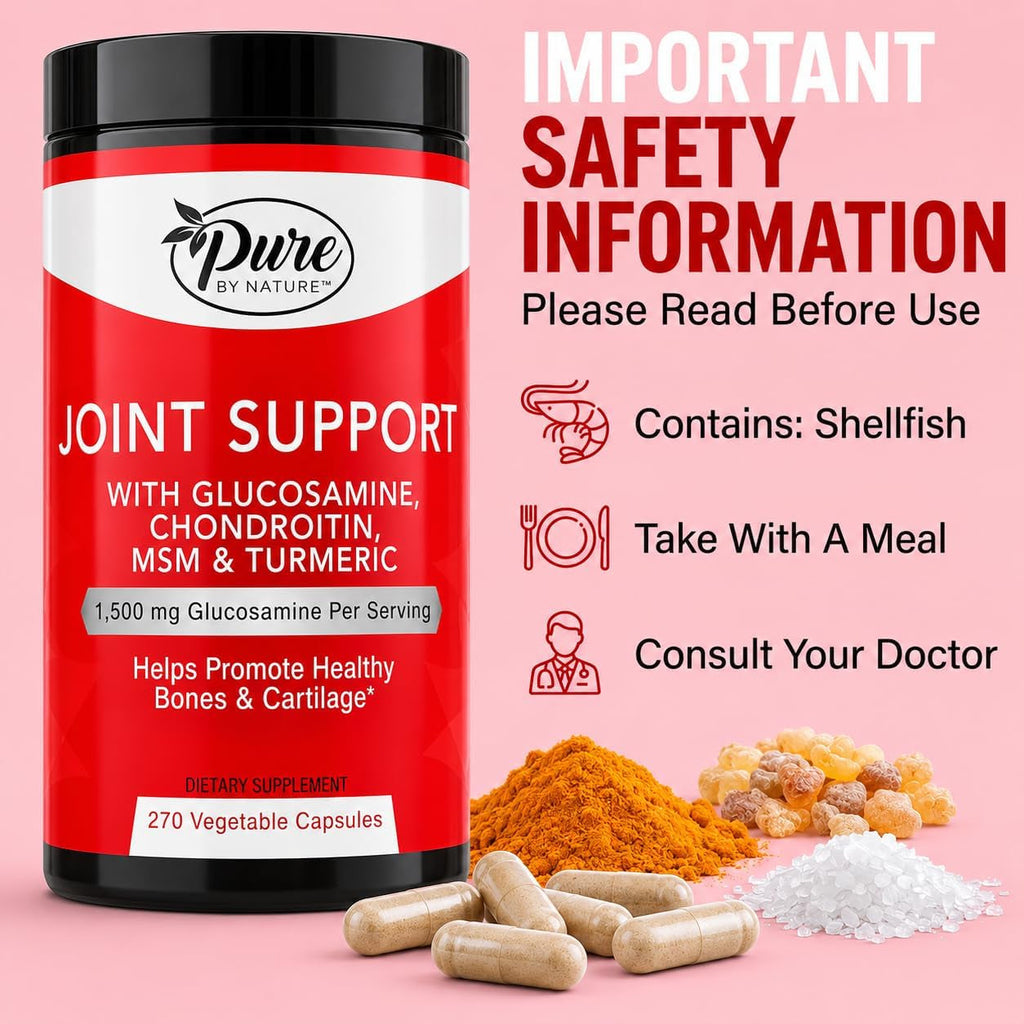 Pure by Nature Glucosamine Chondroitin MSM Turmeric Boswellia (90 Day Supply) - Joint Support Supplement for Women & Men, Nutritional Support for Joint Strength, Gluten Free, Non GMO - 270 Capsules
