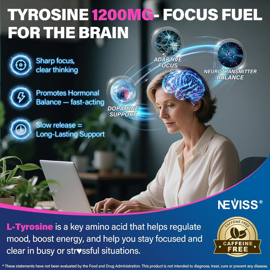L Tyrosine Gummies Supplement 1200Mg, GABA L-Theanine Supplement 200Mg with Magnesium Glycinate Vitamin B6, D3 & C - Calm & Focus Gummies - Brain Supplements for Memory, Mood & Relax for Adults, 60Cts
