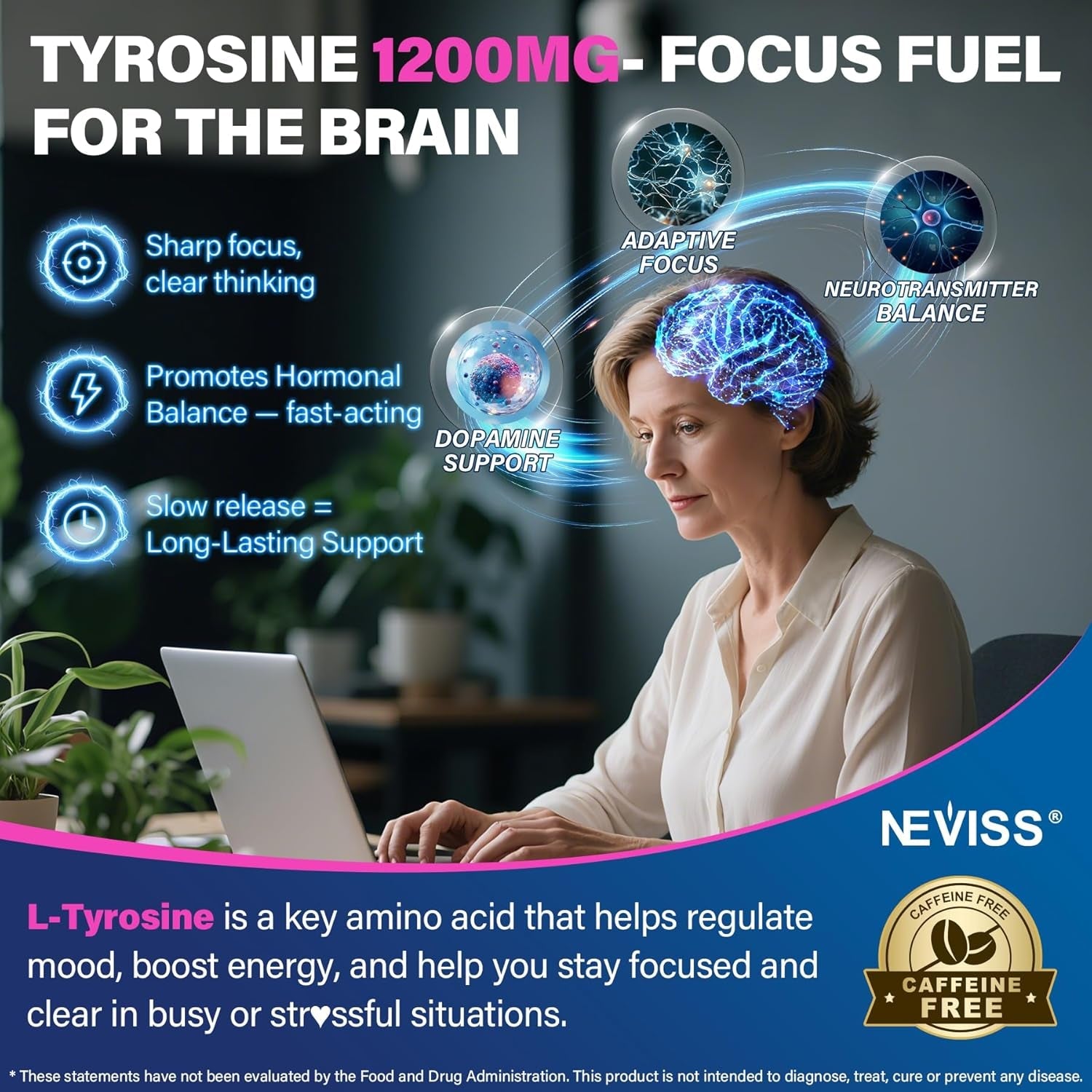 L Tyrosine Gummies Supplement 1200Mg, GABA L-Theanine Supplement 200Mg with Magnesium Glycinate Vitamin B6, D3 & C - Calm & Focus Gummies - Brain Supplements for Memory, Mood & Relax for Adults, 60Cts