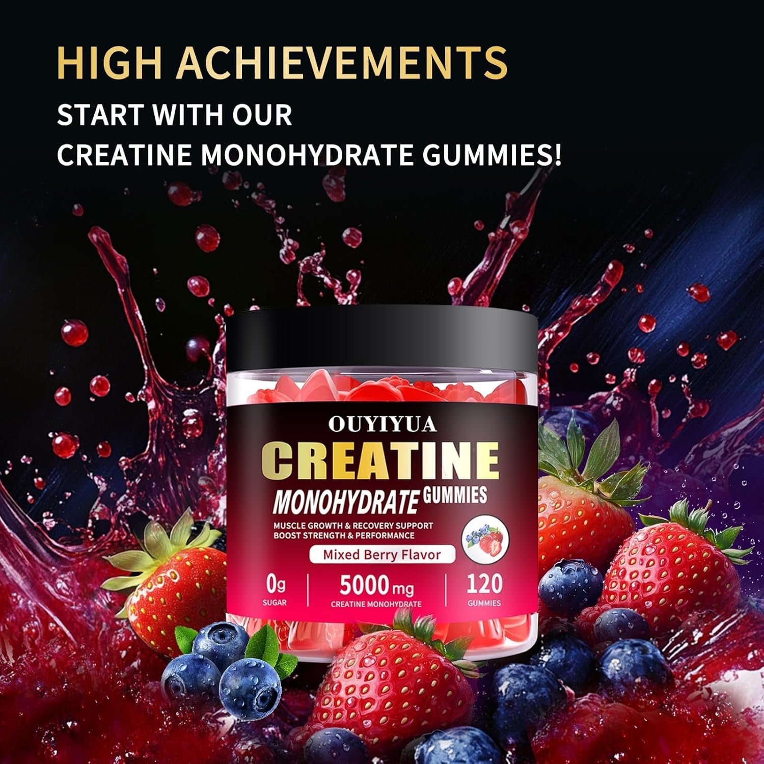 Creatine Monohydrate Gummies 5000Mg for Men & Women - Sugar Free Pre-Workout Supplement, Chewables for Muscle Strength, Muscle Builder, Energy Boost, Mixed Berry Flavor, 120 Count