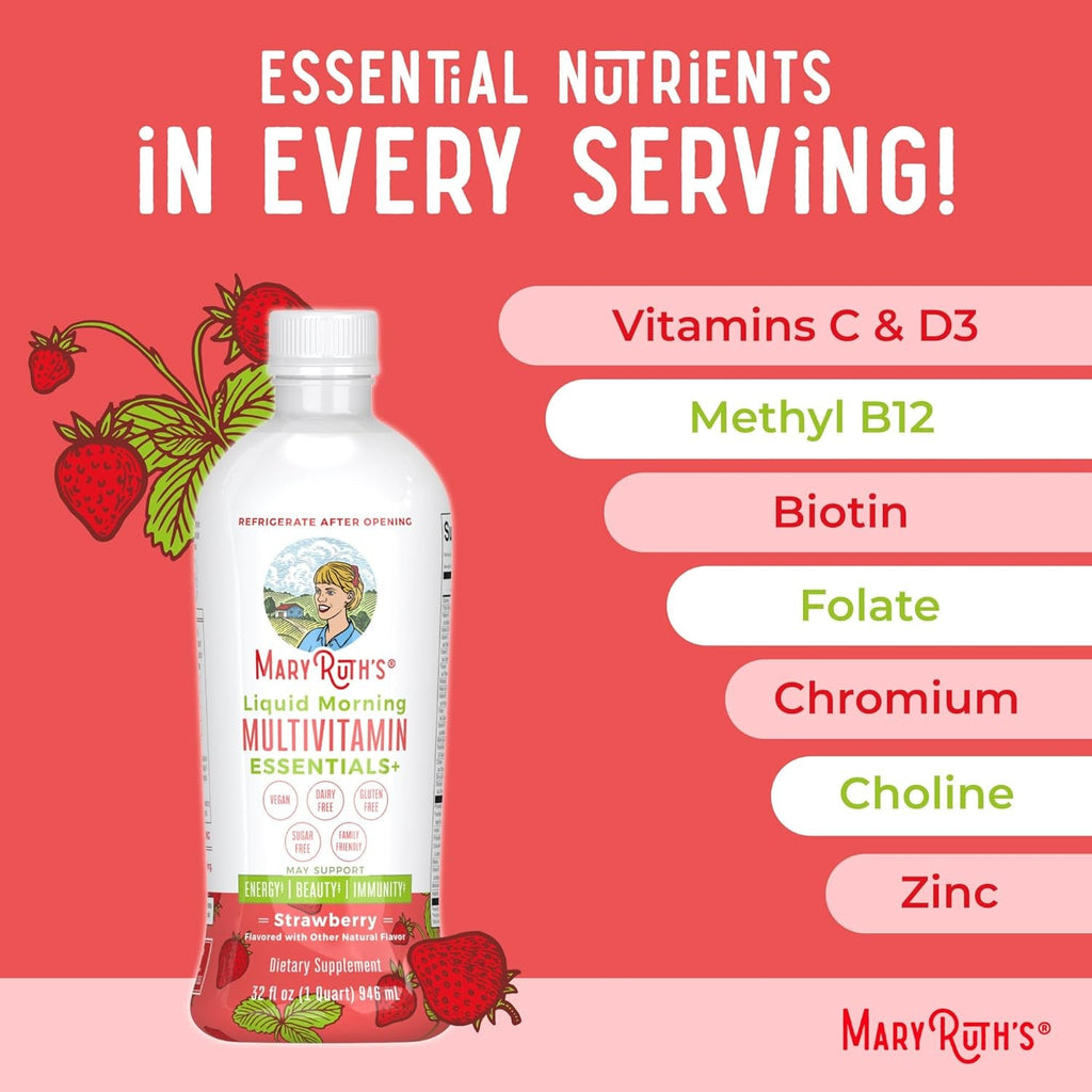 Maryruth'S Liquid Morning Multivitamin Essentials+ | Vitamin a C D E B6 B12 K2 Biotin Zinc | Mens Womens Multivitamin | Immune Support | Beauty | Sugar Free | Vitamins for Ages 1+ | Vegan | 32 Fl Oz