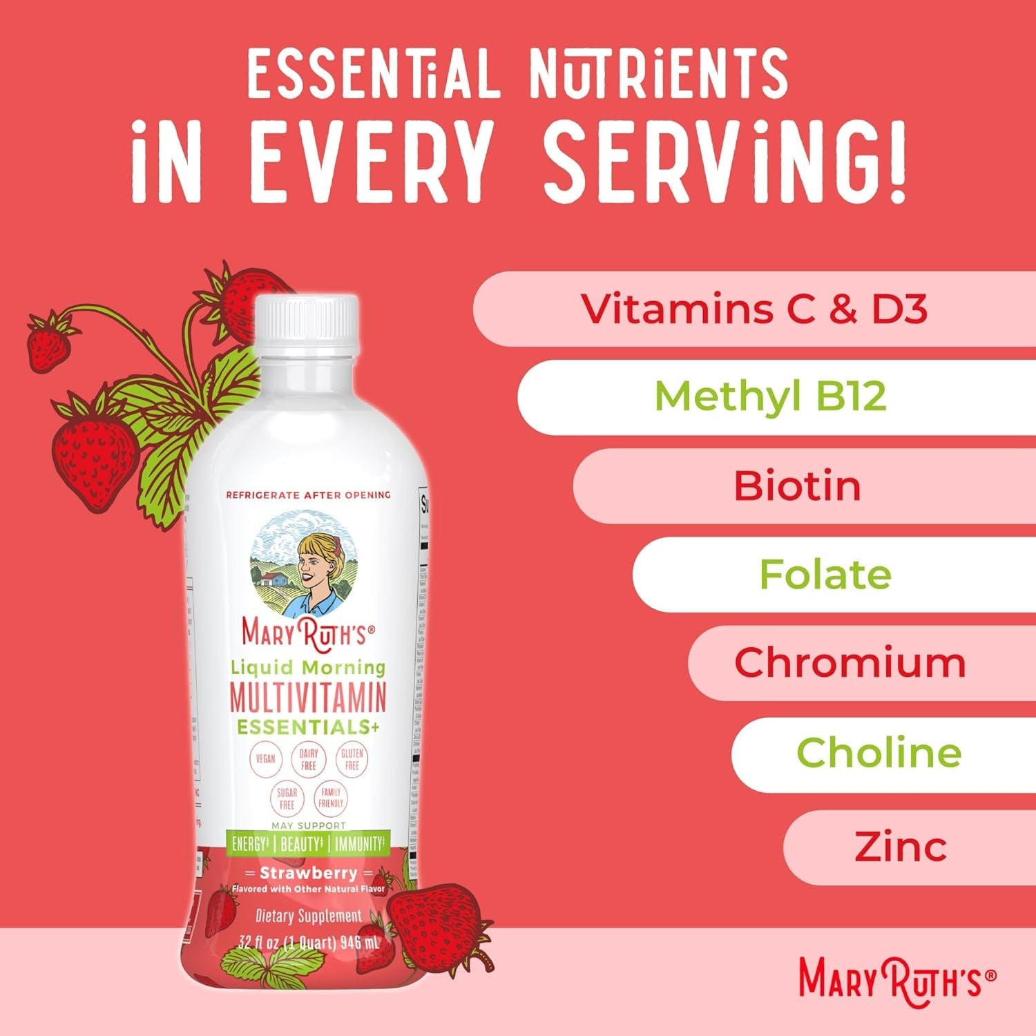 Maryruth'S Liquid Morning Multivitamin Essentials+ | Vitamin a C D E B6 B12 K2 Biotin Zinc | Mens Womens Multivitamin | Immune Support | Beauty | Sugar Free | Vitamins for Ages 1+ | Vegan | 32 Fl Oz