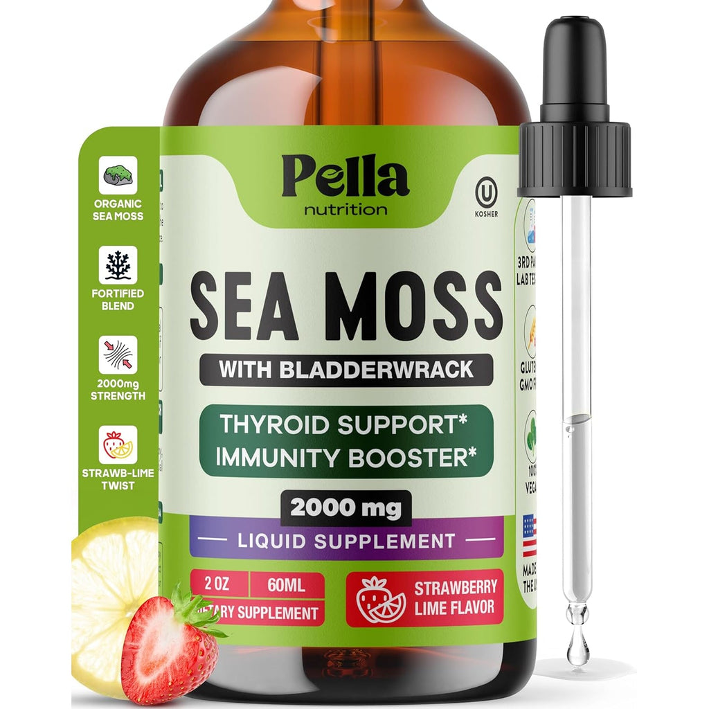 Pella Nutrition Sea Moss Drops with Bladderwrack – 4X Faster Absorption than Irish Sea Moss Gel Superfood, Gummies, and Capsules – Digestive & Immune Support Supplement (Strawberry Lime, 60Ml)