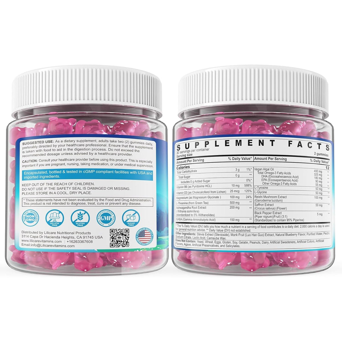 L Theanine Calm Gummies 500Mg, Sugar-Free Liposomal L-Theanine Supplement, W/Safforn, Magnesium Glycinate, GABA, Ashwagandha, Algae Omega-3, Vitamin D3 B12, for Brain Calm, Relax, Mood, Zzz, 120Cts