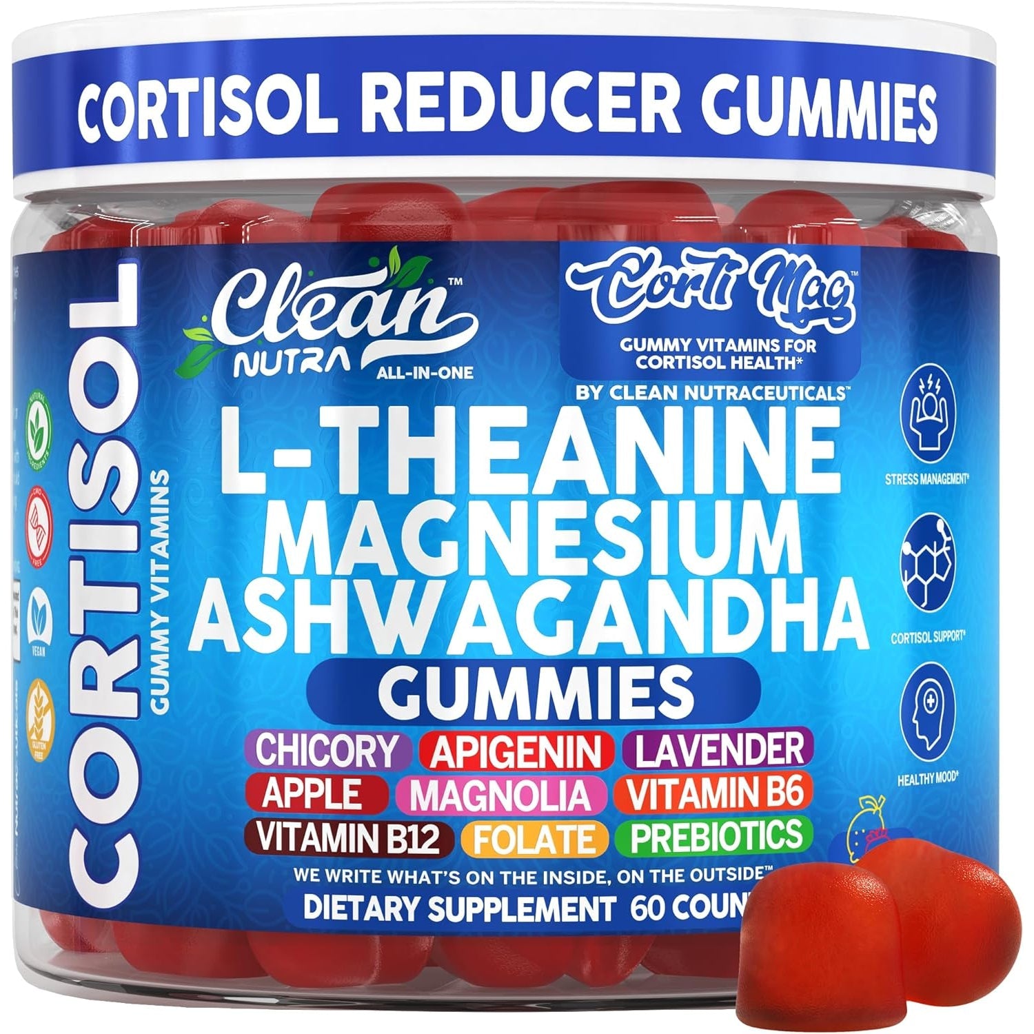 Clean Nutra Cortisol Supplement Gummies L-Theanine Magnesium Ashwagandha Apigenin Vitamin B6 Sleep and Calm Support Lavender Chicory Prebiotic Advanced Gummy Formula