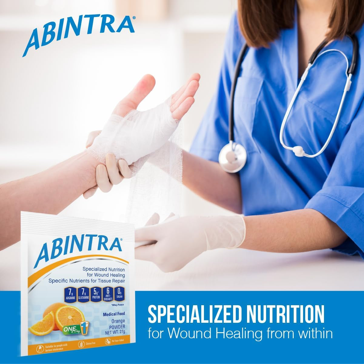 ABINTRA Specialized Nutrition for Wound Healing Includes L-Arginine, Orange Flavor, 6 Packets, 27G Each