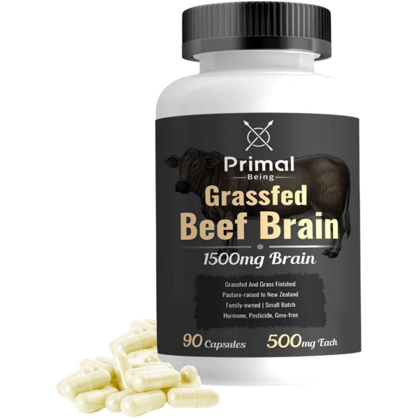 Primal Being Grassfed Beef Brain, Supports Memory, Mood, Focus, Energy, Cognitive Health - 90 Capsules, 1500Mg per Serving