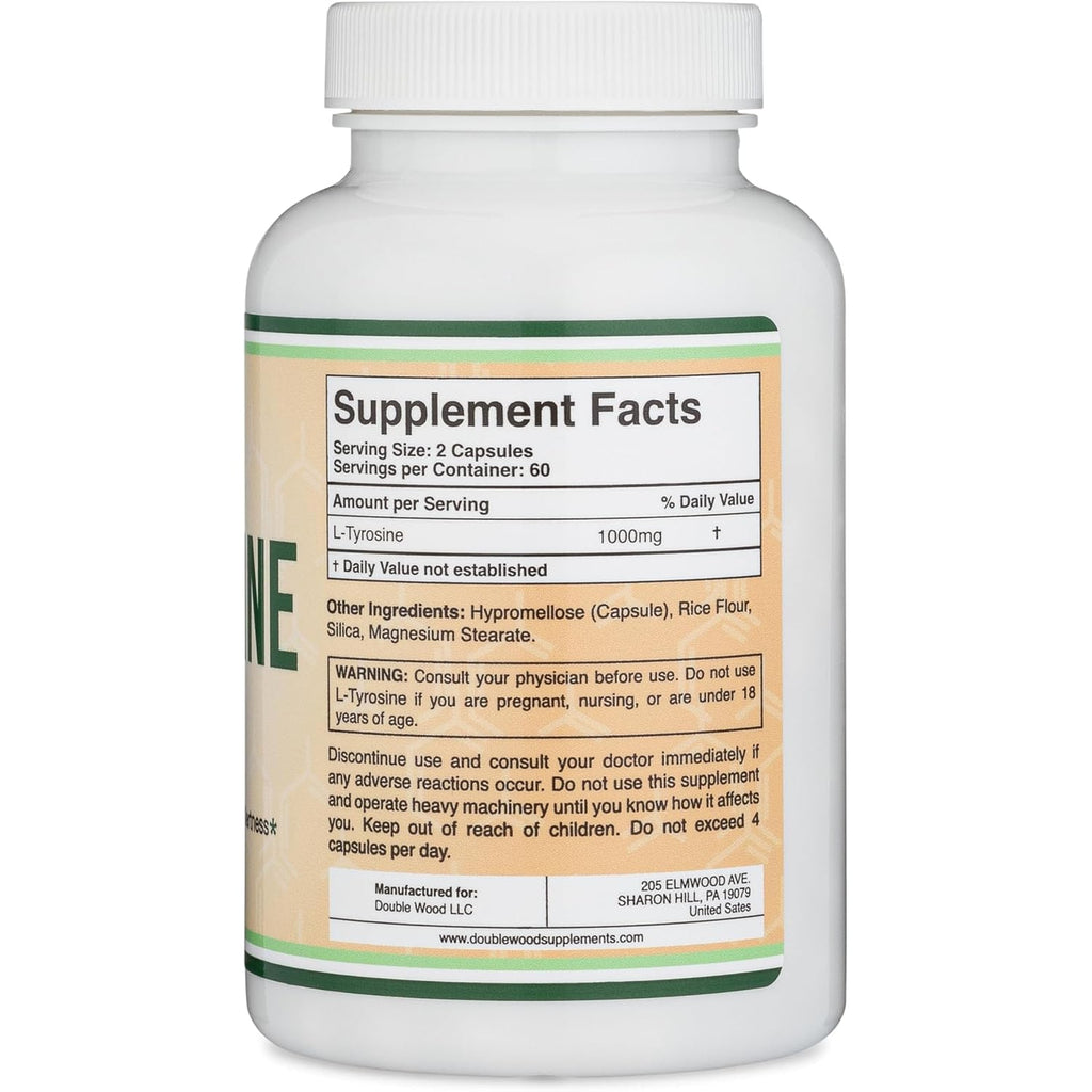 L-Tyrosine 1,000Mg per Serving, 120 Veggie Capsules (L Tyrosine Supplement for Memory, Attention, and Focus) Amino Acid, Vegan Safe, Non-Gmo by Double Wood
