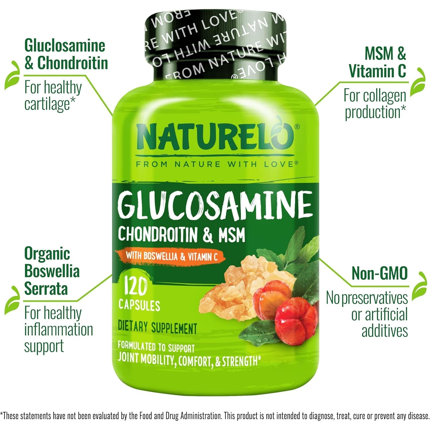 NATURELO Glucosamine Chondroitin MSM with Boswellia and Vitamin C - Supplement for Joint Comfort, Mobility, and Strength - 120 Capsules