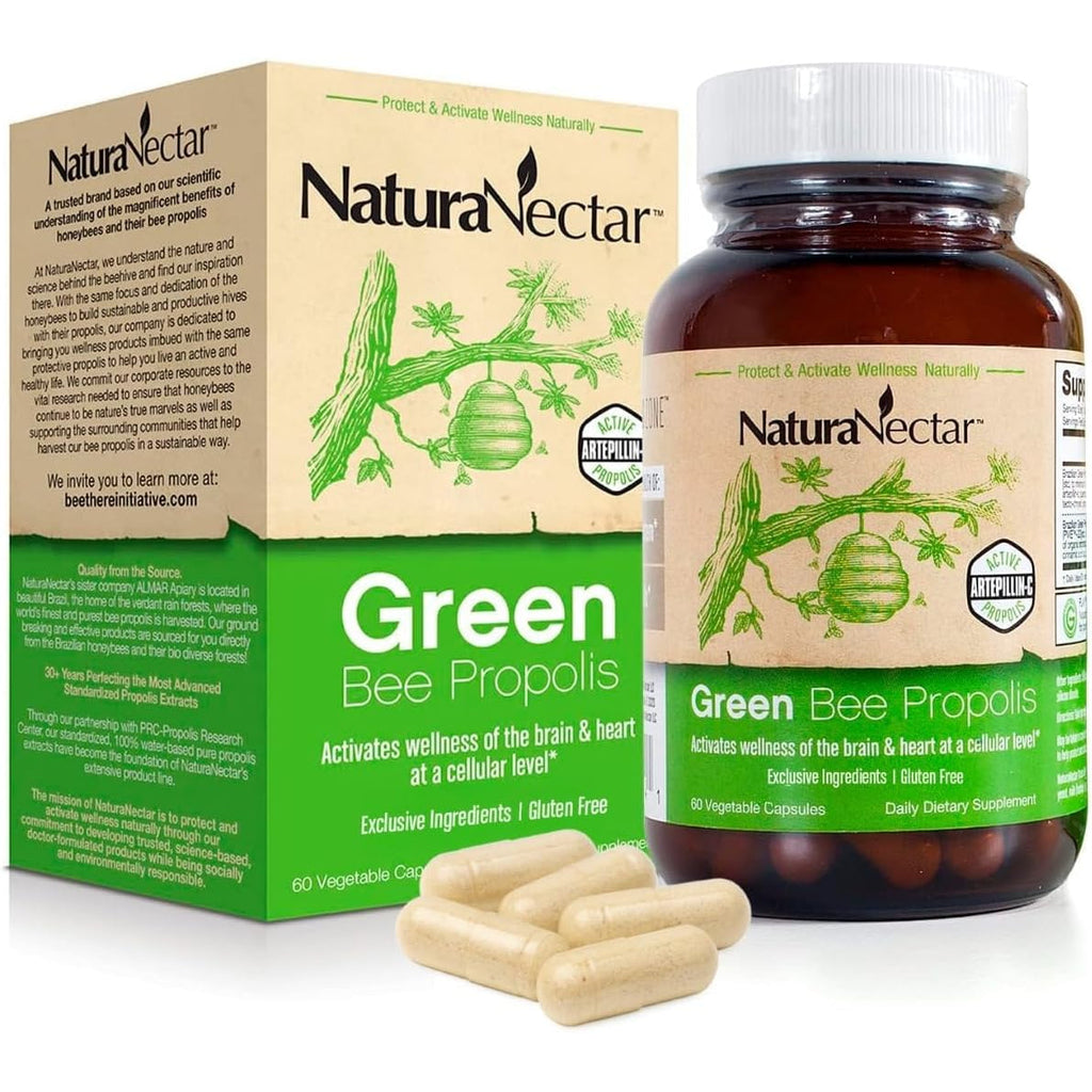 Naturanectar - Green Bee Propolis Capsules - NSF Contents Certified Brazilian Green Propolis - Gluten-Free Propolis Supplements with Flavonoids - Naturally Sourced through Ethical Beekeeping (60Pcs.)