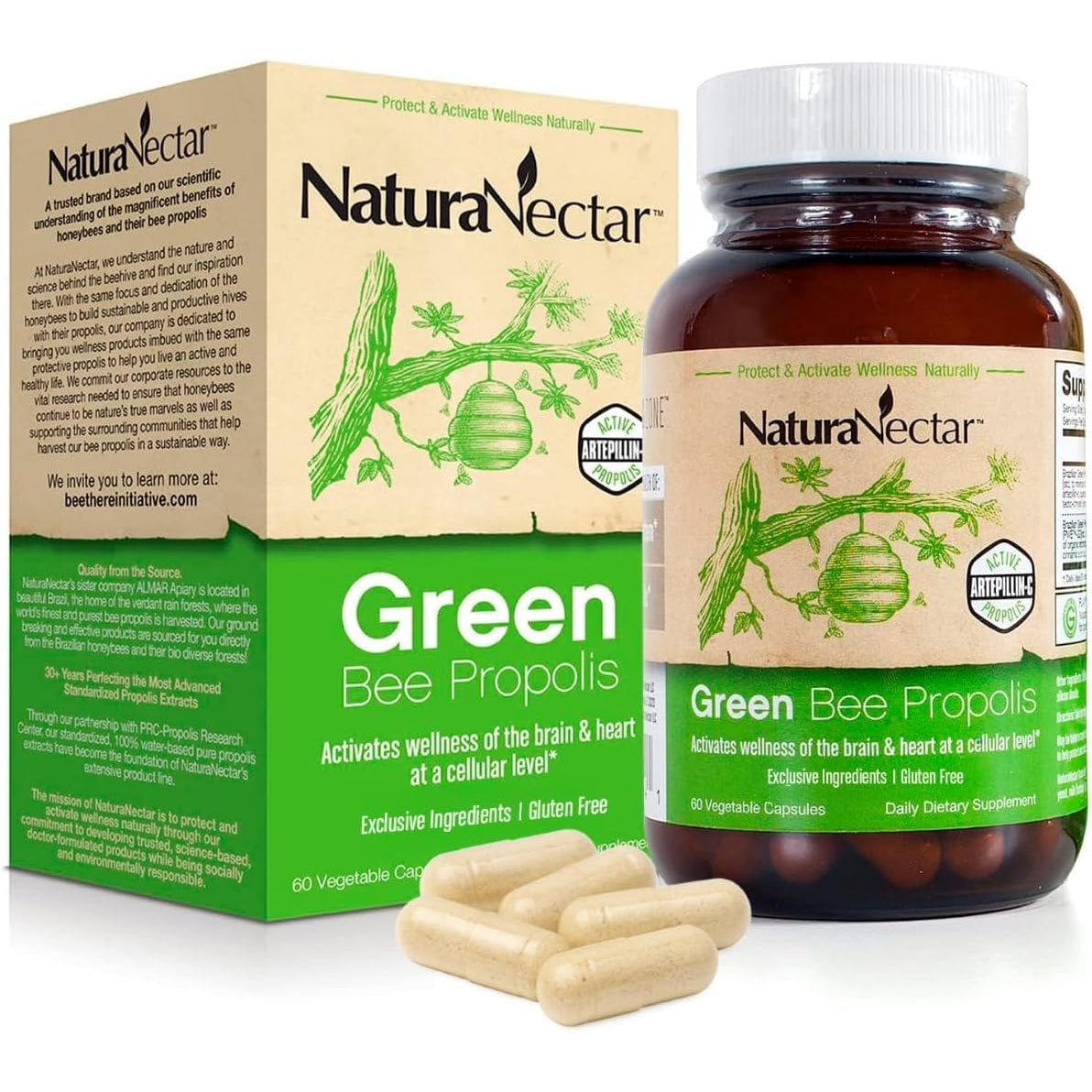 Naturanectar - Green Bee Propolis Capsules - NSF Contents Certified Brazilian Green Propolis - Gluten-Free Propolis Supplements with Flavonoids - Naturally Sourced through Ethical Beekeeping (60Pcs.)