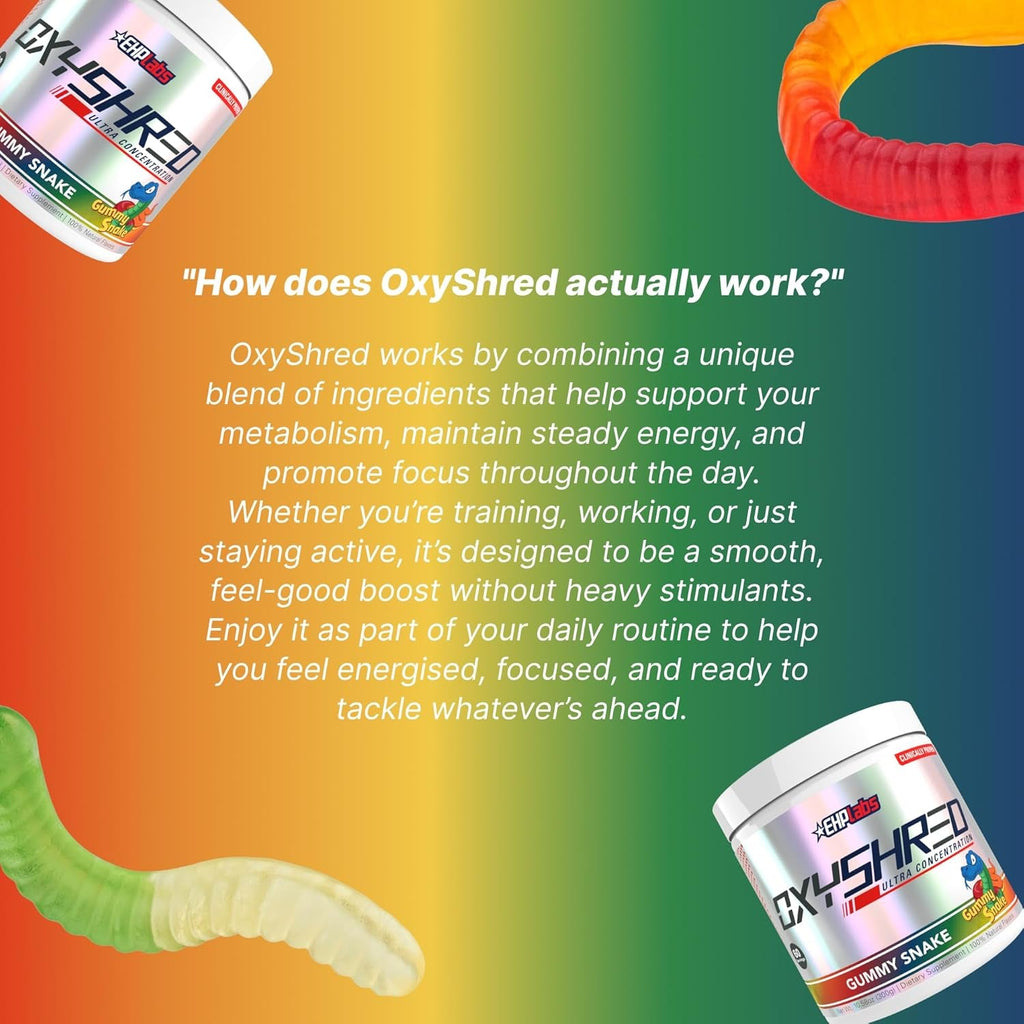 EHP LABS Oxyshred Pre Workout Powder - Preworkout Powder with L Glutamine & Acetyl L Carnitine, Energy Boost Drink - Gummy Snake, 60 Servings