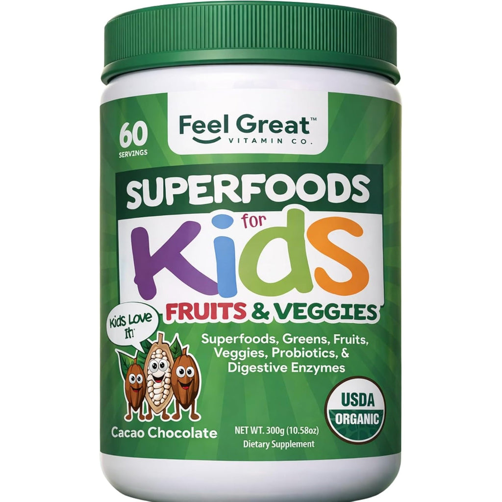 Feel Great USDA Organic Super Greens Powder for Kids - Cocao Chocolate | Fruit & Veggie Supplement | Superfood Powder with Probiotics & Digestive Enzymes for Digestive Health | 60 Days Supply