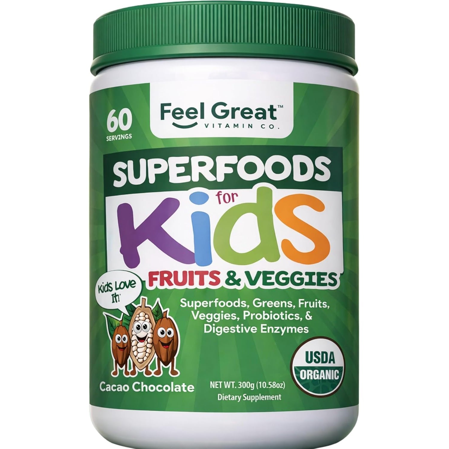 Feel Great USDA Organic Super Greens Powder for Kids - Cocao Chocolate | Fruit & Veggie Supplement | Superfood Powder with Probiotics & Digestive Enzymes for Digestive Health | 60 Days Supply