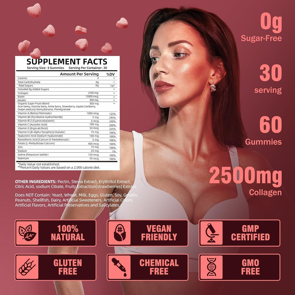 VIFSSG Collagen Peptide Gummies for Women,60 Gummies Sugar-Free Hydrolyzed, Extra Strength 2500Mg Protein Type I,II,III,V,X with 15000Mcg Biotin and Vitamin a B6 B12 C D E for Hair Skin Nail