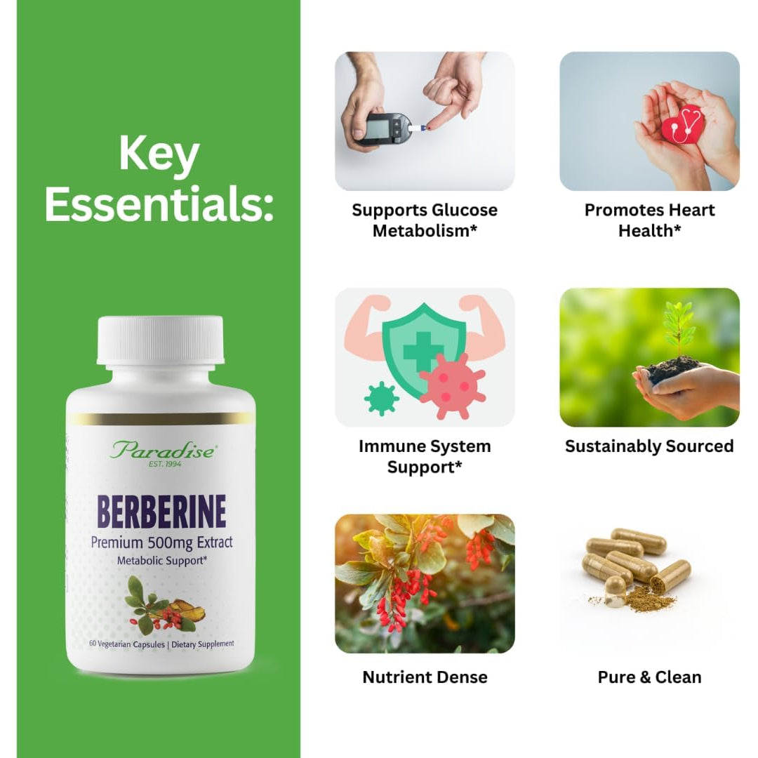 Paradise Herbs, Berberine Extract, 500 Mg, Pure & Potent Berberine Supplement, Vegan, Non-Gmo, Gluten Free, 60 Vegetarian Capsules