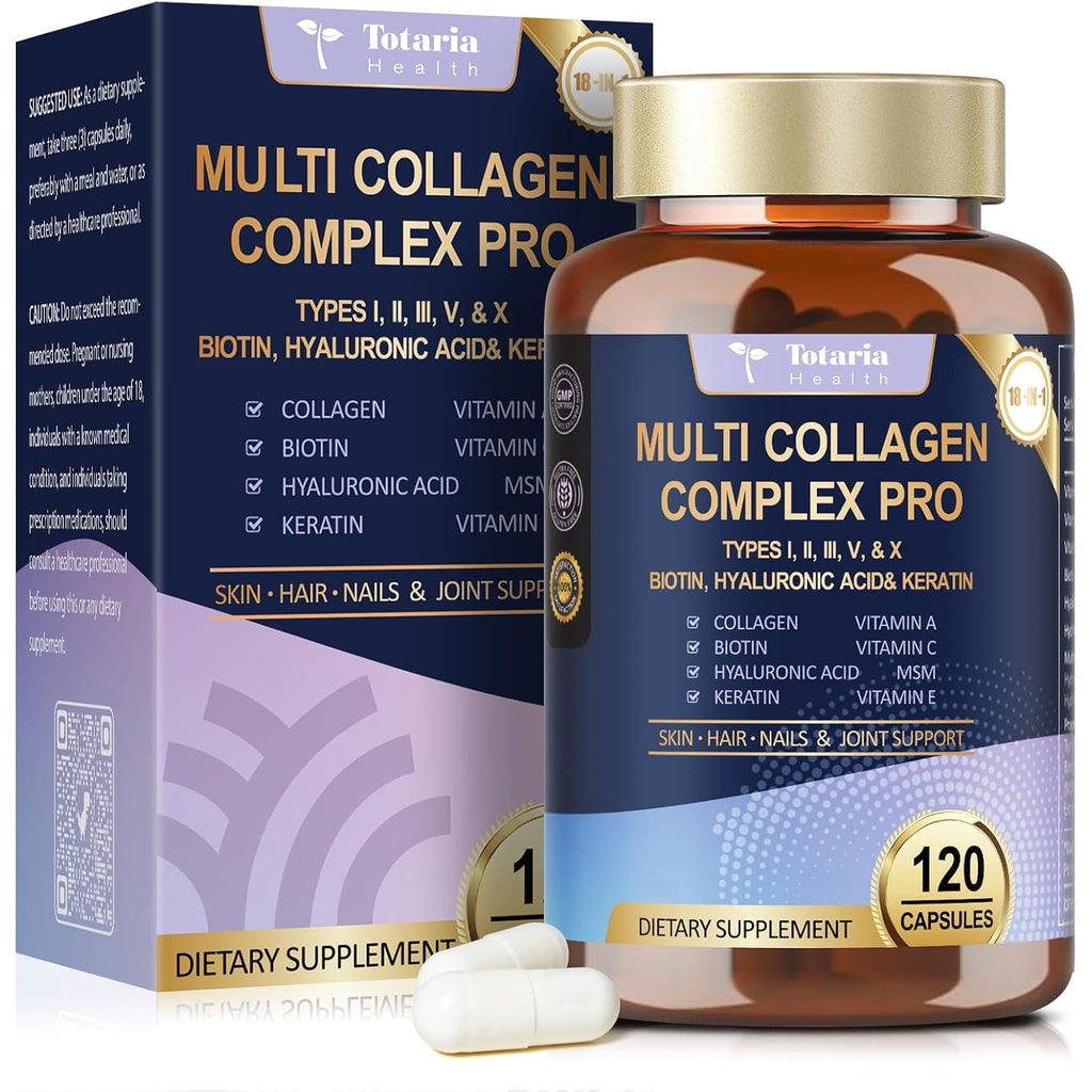 18-In-1 Collagen Pro with Hyaluronic Acid, Keratin, Biotin, VIT a C & E for Skin, Hair, Nails, Joint & Beauty - Multi Collagen Peptides Capsules with Type I II III V & X for Women & Men - 120 Caps